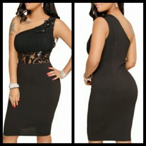 Black One Shoulder Embroidered Dress